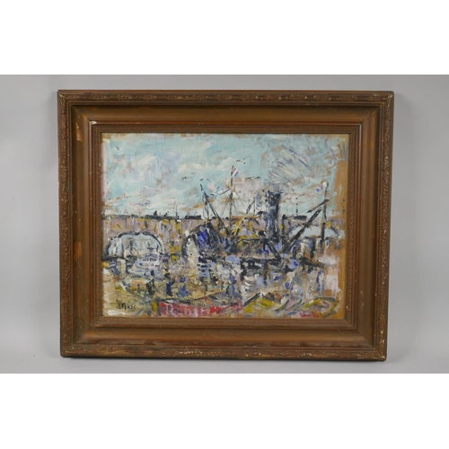 893 - Riverside dock scene with distant bridge, signed Maze, (Paul Lucien Maze, French 1887-1979), oil on ... 