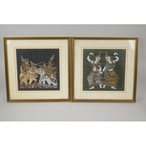 894 - A pair of Thai prints on silk depicting an elephant battle and Thai dancers, 25 x 25cm