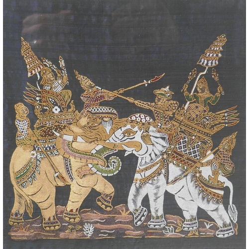 894 - A pair of Thai prints on silk depicting an elephant battle and Thai dancers, 25 x 25cm