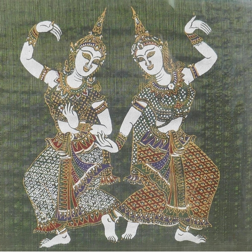 894 - A pair of Thai prints on silk depicting an elephant battle and Thai dancers, 25 x 25cm