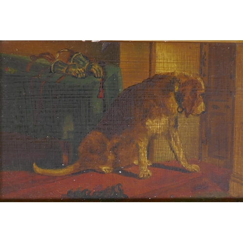 898 - Waiting for its owner, dog in hallway seated by a door, unsigned, late C19th/early C20th, oil on pan... 