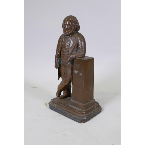 9 - William R. Brodie, (Scottish), bronze figure of a Victorian gentleman leaning against a plinth holdi... 