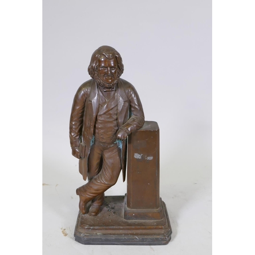 9 - William R. Brodie, (Scottish), bronze figure of a Victorian gentleman leaning against a plinth holdi... 