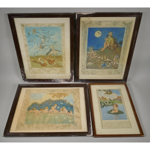 901 - Fred Millar, four antique colour etchings, Magic Music, Miss Columbus, Nature's School and Aviators,... 