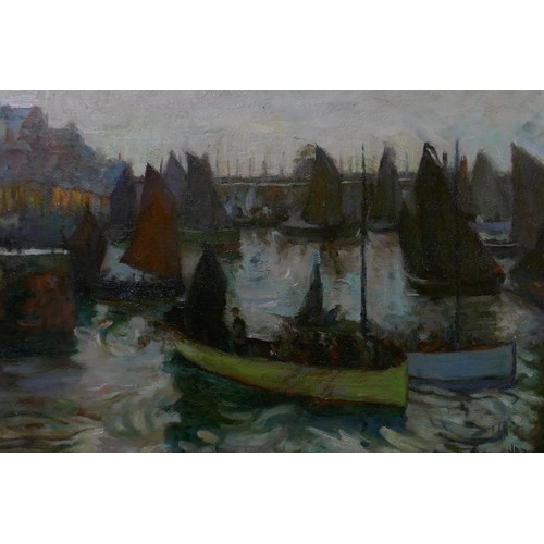 859 - A St Ives School, harbour scene, signed J.A. Park, oil on canvas laid on board, 46 x 31cm