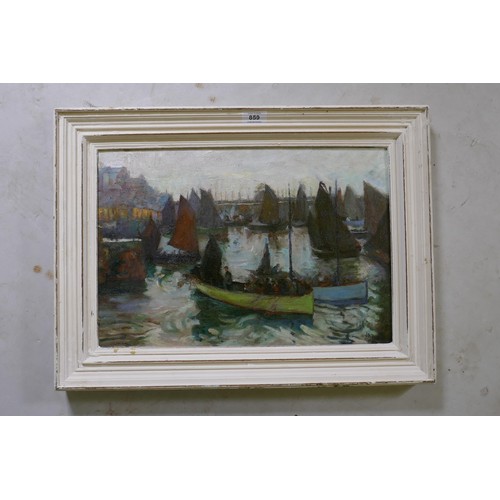 859 - A St Ives School, harbour scene, signed J.A. Park, oil on canvas laid on board, 46 x 31cm