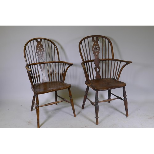 1010 - C19th Windsor wheelback elbow chair with shaped elm seat, raised on turned supports, and another sim... 