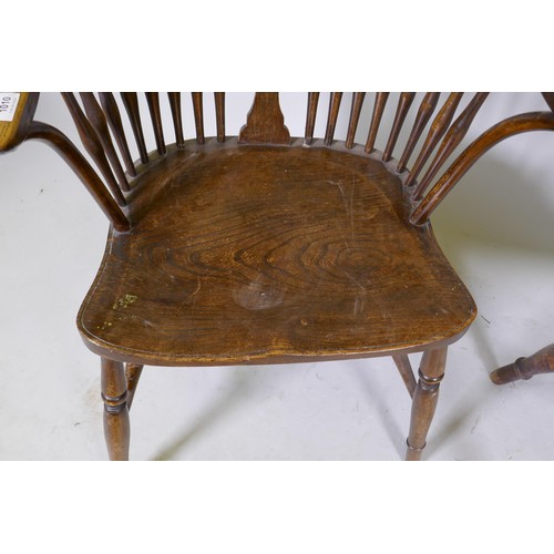 1010 - C19th Windsor wheelback elbow chair with shaped elm seat, raised on turned supports, and another sim... 