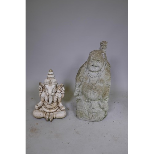 1082 - A reconstituted stone garden figure of Buddha, 60cm high, and another of Ganesh