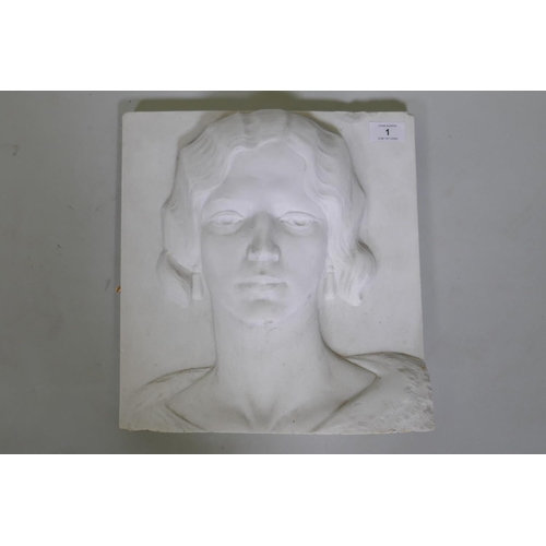 1 - Art Deco marble plaque carved in low relief with the head of a woman, 32 x 34cm