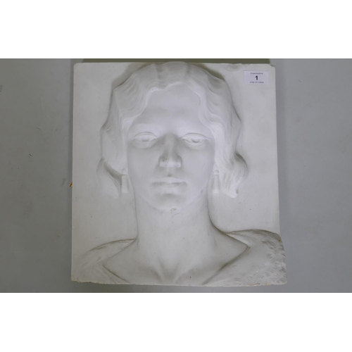 1 - Art Deco marble plaque carved in low relief with the head of a woman, 32 x 34cm