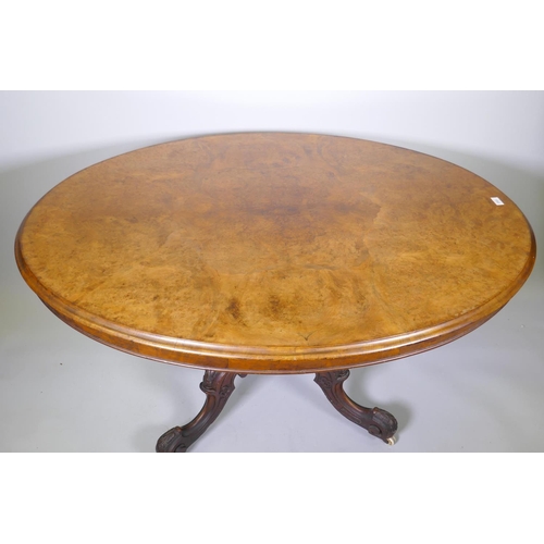 1002 - A good Victorian burr walnut loo/centre table with tilt top, raised on four carved columns on cabrio... 