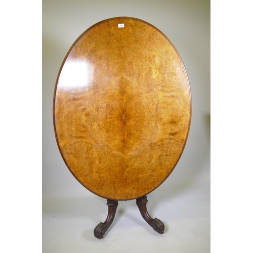 1002 - A good Victorian burr walnut loo/centre table with tilt top, raised on four carved columns on cabrio... 