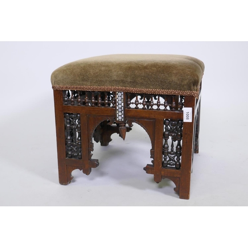 1008 - Antique Moorish stool with mother of pearl inlaid decoration, 42 x 42 x 37cm