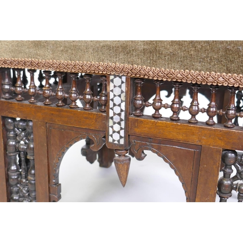 1008 - Antique Moorish stool with mother of pearl inlaid decoration, 42 x 42 x 37cm