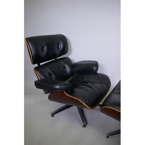 1013 - A Charles and Ray Eames style designer lounge chair and ottoman, models 670 and 671