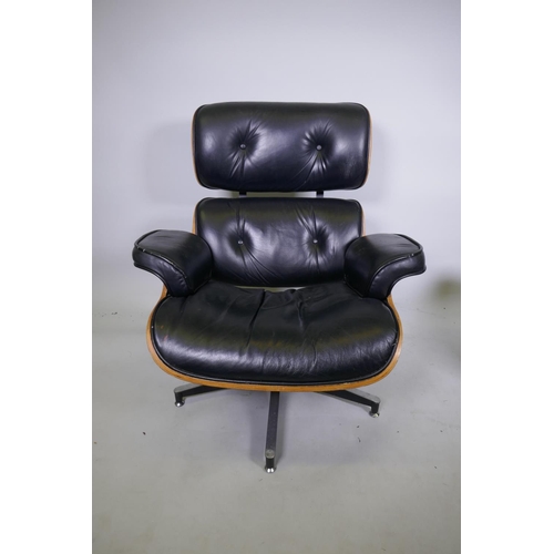 1013 - A Charles and Ray Eames style designer lounge chair and ottoman, models 670 and 671