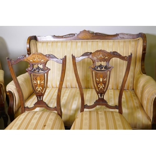 1015 - A Victorian inlaid mahogany parlour suite, a two seater settee, two armchairs and four side chairs