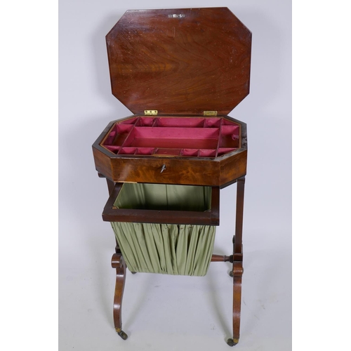 1025 - An early C19th figured mahogany work table, the top opening to reveal a lift out fitted tray over a ... 