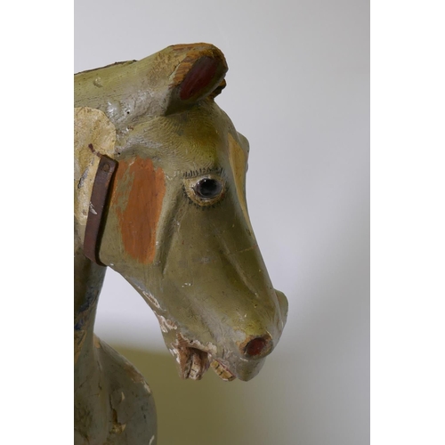 1029 - An antique painted pine dapple grey rocking horse on a trestle base, lacks mane, tail and bolts, 122... 