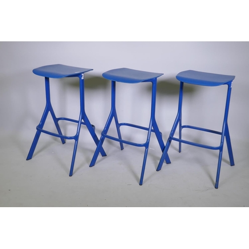 1056 - A set of three Allermuir peacock blue kitchen/bar stools, 75cm high