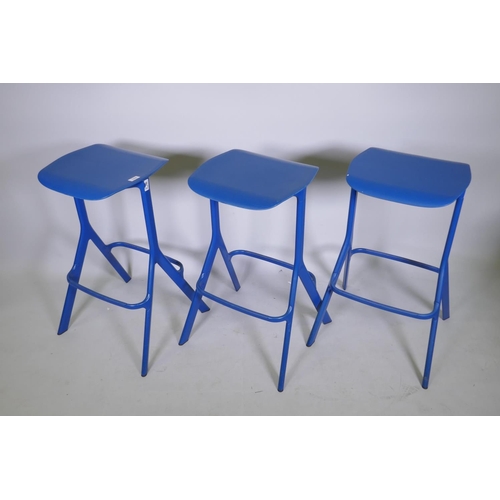 1056 - A set of three Allermuir peacock blue kitchen/bar stools, 75cm high