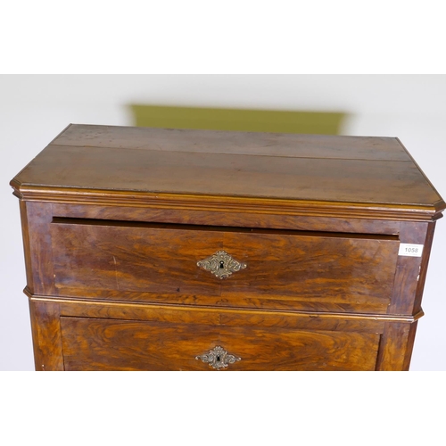 1058 - A C19th French walnut seven drawer semainier chest with canted corners and brass escutcheons, 73 x 4... 