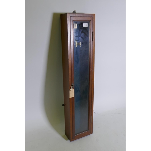 1075 - Antique mahogany single door hanging display case, fitted to hold a cricket bat, 22 x 11 x 99cm