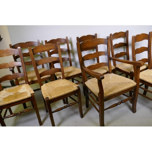 1083 - Set of eight (6+2) French provincial style ladderback chairs with rush seats