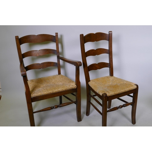 1083 - Set of eight (6+2) French provincial style ladderback chairs with rush seats