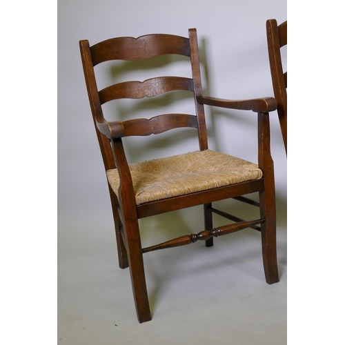 1083 - Set of eight (6+2) French provincial style ladderback chairs with rush seats