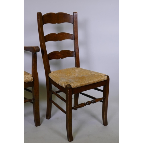 1083 - Set of eight (6+2) French provincial style ladderback chairs with rush seats