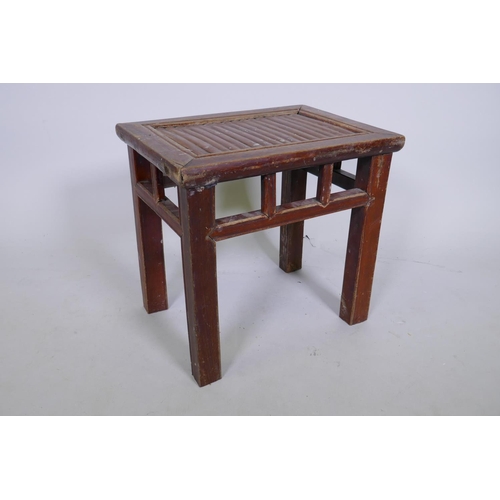 1085 - A Chinese elm and bamboo slatted occasional table/stool, 41 x 29cm, 38cm high