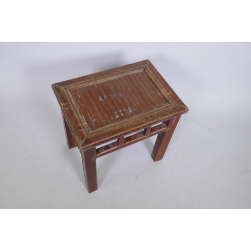 1085 - A Chinese elm and bamboo slatted occasional table/stool, 41 x 29cm, 38cm high