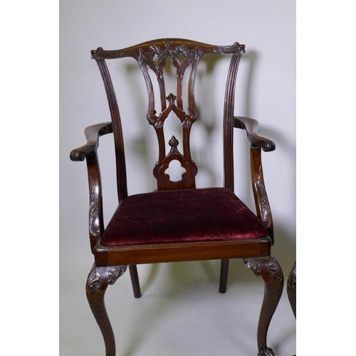 1091 - A set of ten (two plus eight) Chippendale style dining chairs with carved and pierced splats and dro... 