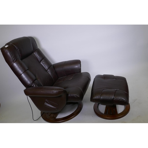 1095 - A leather swivel and reclining easy chair with massage action and matching footstool