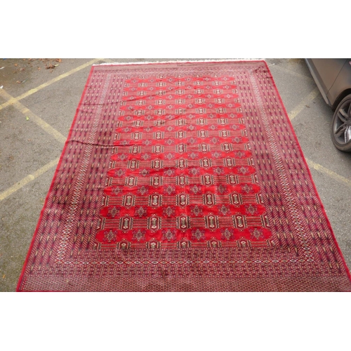 1101 - A Turkman fine red ground Bokhara rug, 290 x 360cm