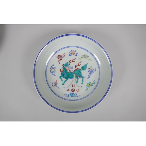 138 - A Chinese doucai porcelain dish with kylin and auspicious symbol decoration, Chenghua 6 character ma... 