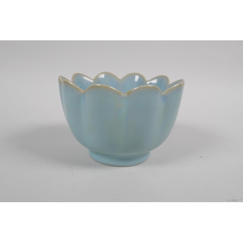 145 - A Chinese Ru ware style bowl with petal shaped rim, 11cm diameter