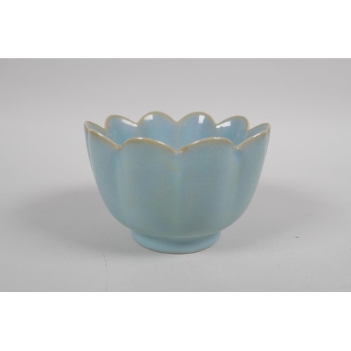 145 - A Chinese Ru ware style bowl with petal shaped rim, 11cm diameter