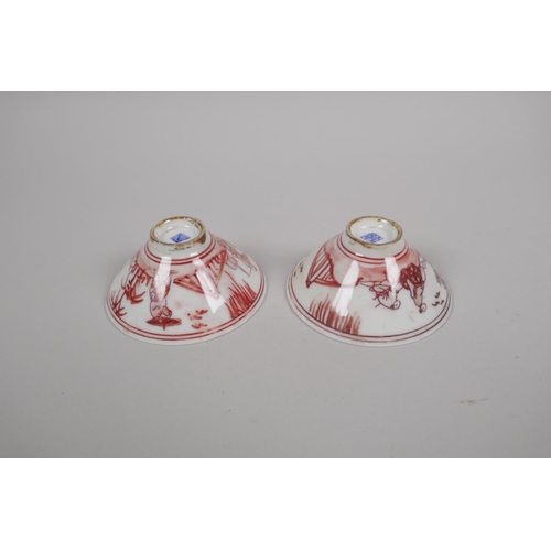 151 - A pair of Chinese Ming style red and white porcelain tea bowls, and a blue and white porcelain tea b... 