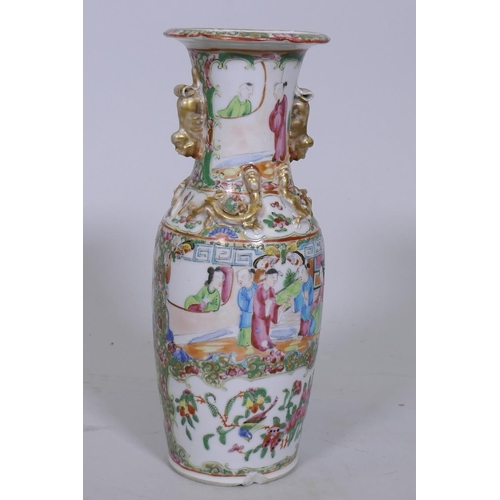 154 - C19th Chinese Canton famille rose vase with raised dragons and kylin lug handles, 25cm high