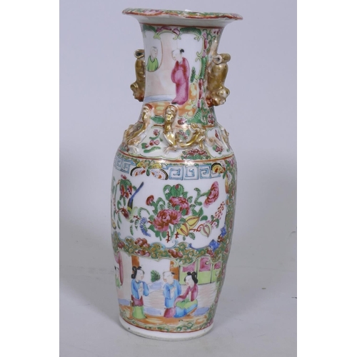 154 - C19th Chinese Canton famille rose vase with raised dragons and kylin lug handles, 25cm high