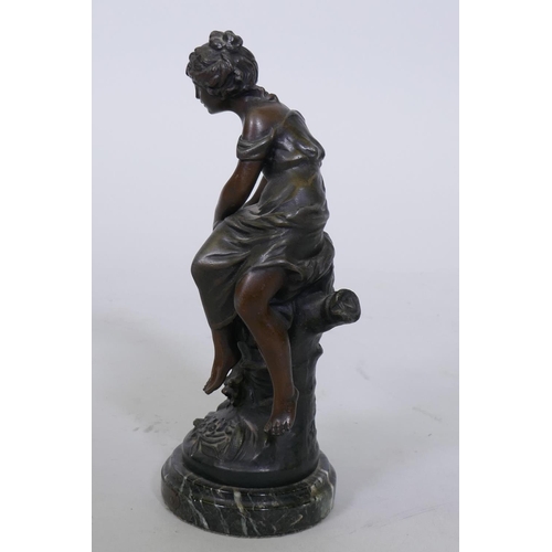 16 - After F. Moreau, Printemps, a bronzed patinated spelter figure, mounted on a marble base, late C19th... 