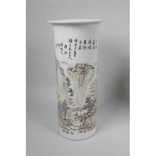 162 - A Chinese polychrome porcelain cylinder vase decorated with Shou Lao amongst children, and another d... 