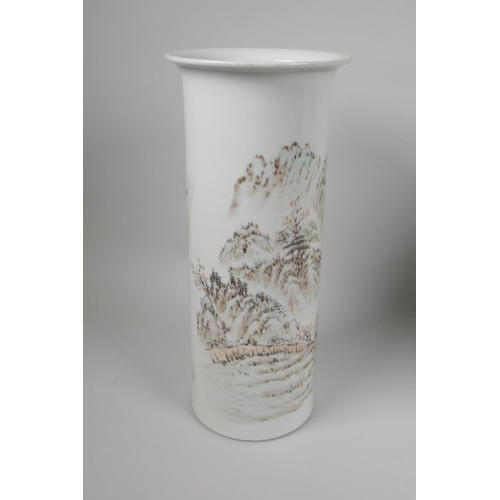 162 - A Chinese polychrome porcelain cylinder vase decorated with Shou Lao amongst children, and another d... 