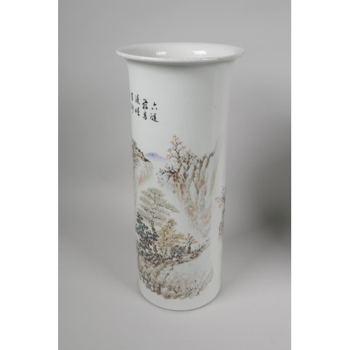 162 - A Chinese polychrome porcelain cylinder vase decorated with Shou Lao amongst children, and another d... 