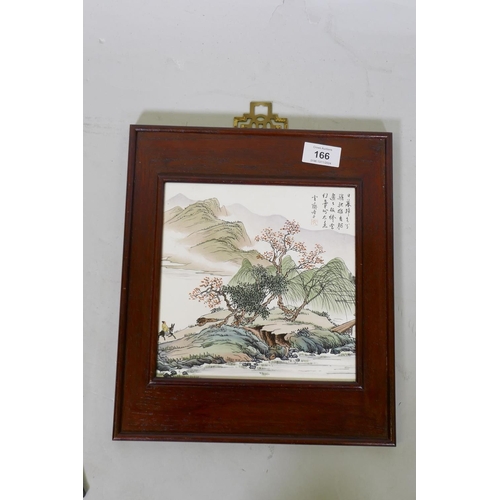 166 - Chinese porcelain panel decorated with a traveller in a landscape and inscription, 28 x 32cm