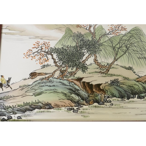 166 - Chinese porcelain panel decorated with a traveller in a landscape and inscription, 28 x 32cm