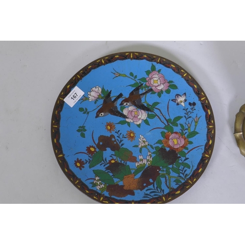 167 - An oriental cloisonne dish, decorated with birds and blossom, 30cm diameter, and a delft pottery oil... 